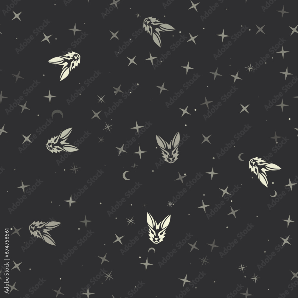 Seamless pattern with stars, hare's head symbols on black background. Night sky. Vector illustration on black background Seamless pattern with stars, hare's head symbols on black background. Night sky. Vector illustration on black background