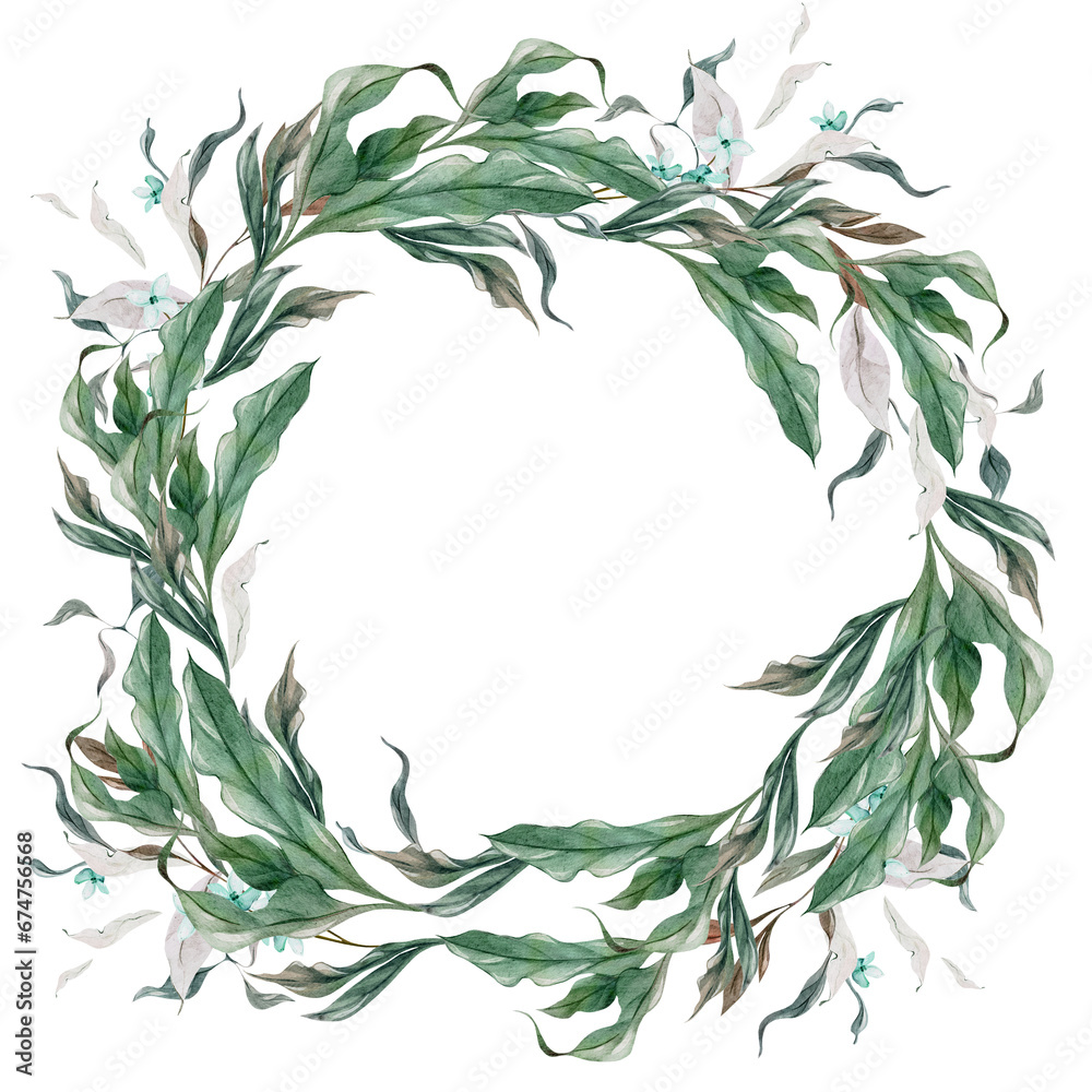 Wedding watercolor wreath with green hydrangea leaves. Wedding watercolor wreath with green hydrangea leaves.