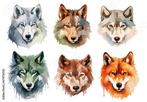 Wild wolfs head, watercolor wolf portrait. Isolated forest animals, stylish print for t-shirt or sweatshirt template. Vector decorative graphic