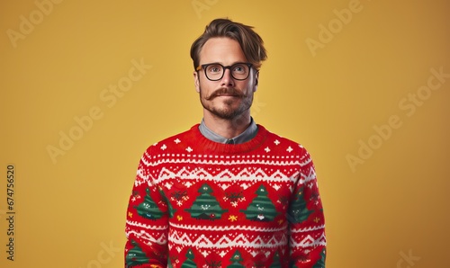 Studio portrait of handsome happy bearded man wearing christmas ugly sweater with ornament, posing over the wall, copy space for text. Festive background. New Year, x-mas, Happy New Year, holiday love