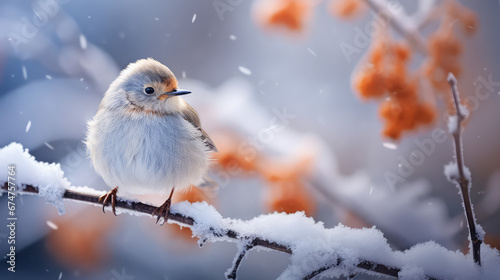 Beautiful winter wallpaper wildlife. Сute little fluffy bird sitting on a snowy tree branch. Snow, December, Christmas card or banner template. 
