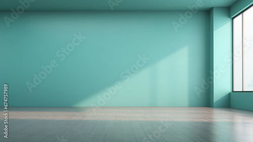 Interior of a empty teal room with incident lighting from window. Generative AI