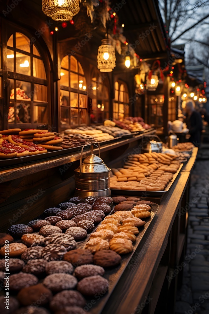 Traditional Christmas market in Prague, Czech Republic. Biscuits, gingerbreads and cookies on the counter