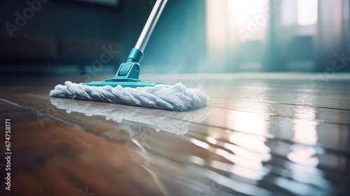 Closeup of Modern microfiber mop wiping dirt on laminate floor home. House cleaning, mop wiping and mopping floor surface. 