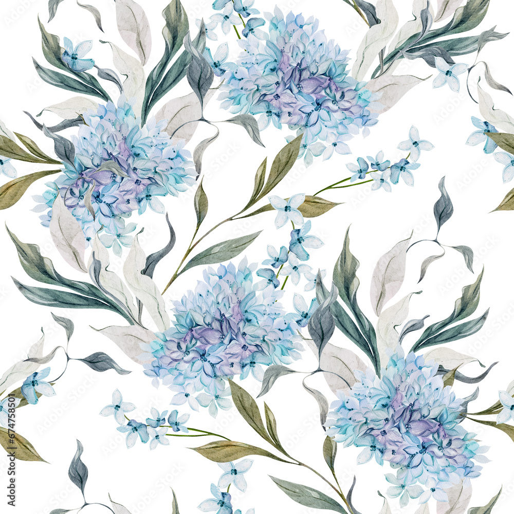 Wedding watercolor seamless pattern with hydrangea leaves and flowers.
