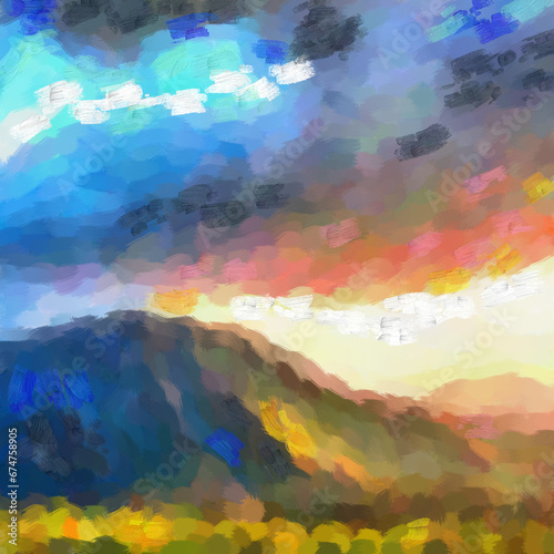 Hand drawn digital illustration in impressionism style. Mountain landscape © ilinaillustrator