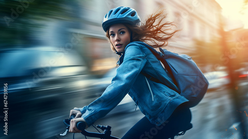 young woman wearing helmet riding bicycle on busy road traffic to go to work or university. concept of urban transport, modern young people with green lifestyle  photo