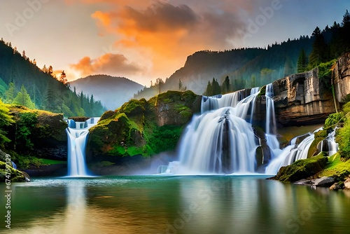 morning serenity, majestic waterfall and mountain scenery, waterfall amongst green mountains, rocky cascade, morning bliss in the forest, peaceful retreat, waterfall and mountains wallpaper