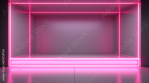 Interior of a glowing pink wall in a modern minimalist room. Generative AI
