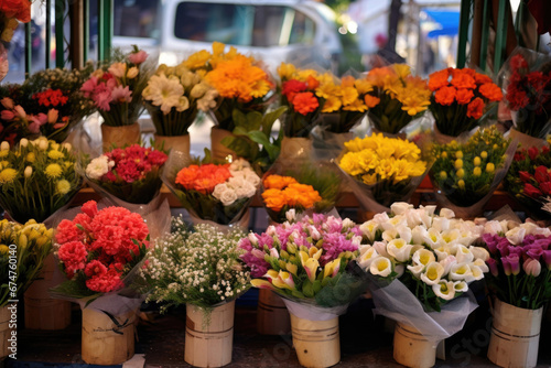 Assortment of flower bouquets at the market © Veniamin Kraskov