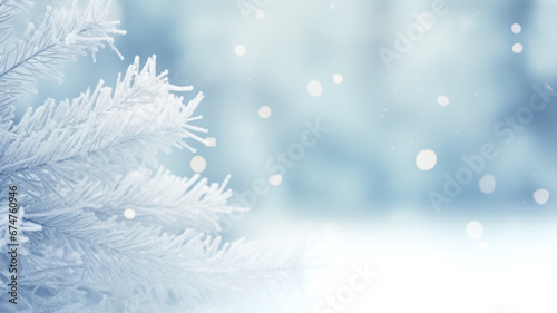 Beautiful winter background image of frosted spruce branches and small drifts of pure snow with bokeh, copy space.   © BlazingDesigns
