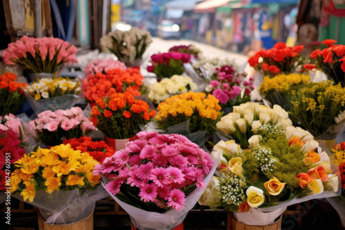 Assortment of flower bouquets at the market