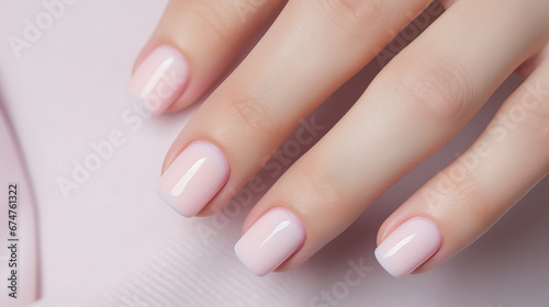 Perfect minimalistic neat feminine manicure. Well groomed fingers  nails covered with pastel gel polish. Banner template with copy space. 