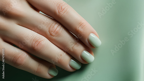 Perfect minimalistic neat feminine manicure. Well groomed fingers  nails covered with pastel gel polish. Banner template with copy space. 