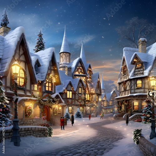 Winter in the village. Christmas village in the snow. Christmas background