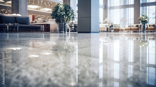 Sparkling shiny marble floor in modern commercial lobby of business center. Premium flooring in a hotel or office. photo