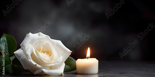 Condolence, grieving card, loss, funerals, support. Elegant white rose with burning candle on a black texture background for sending words of support and comfort.