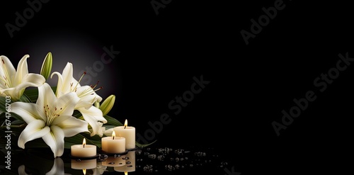 Condolence, grieving card, loss, funerals, support. Elegant white rose with burning candle on a black texture background for sending words of support and comfort.