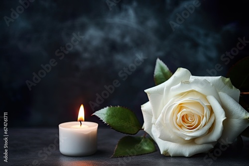 Condolence, grieving card, loss, funerals, support. Elegant white rose with burning candle on a black texture background for sending words of support and comfort.
