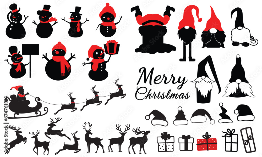 Fototapeta premium Set of winter and christmas silhouettes.Santa Claus flies with reindeer, Gnomes, snow man Christmas collection. Santa's cart with reindeer. Clip art for banner, flyer, business, card, poster. Vector