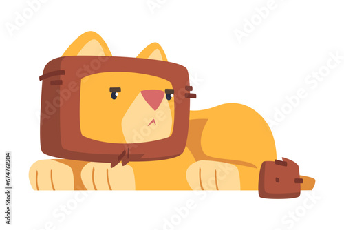 Cute Lion Character with Mane Lying Vector Illustration