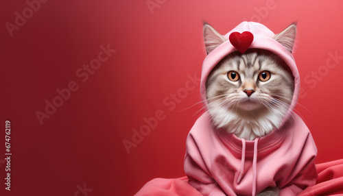 Stylish funny cat wearing fashion pink hoodie on red pink background © Svetlana Kolpakova