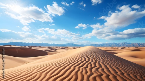 Desert sand dunes and blue sky with white clouds. Panorama