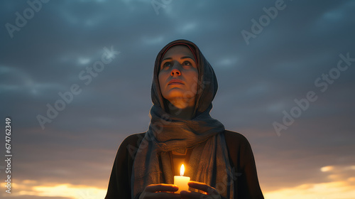 Woman with a headscarf holding a candle and praying against the sky, copy space. Prayer for peace, Christian faith, concept of hope. 