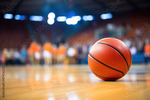 Orange ball on basketball court with stadium as background. Basketball game championship
