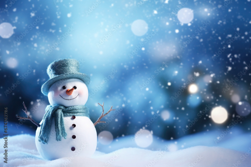 Fototapeta premium Happy smiling snowman on blurred snowy background with falling snowflakes. Christmas composition with copy space. Winter holidays concept