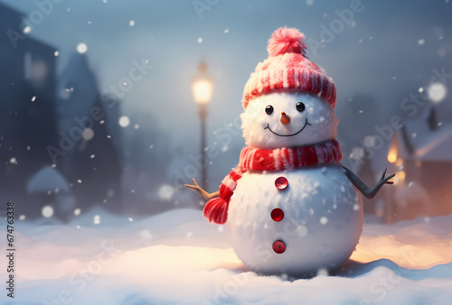 a cute snowman standing on the snow, in the style of ethereal light effects, shaped canvas, surreal 3d landscapes