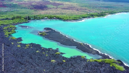 Aerial drone view of Kiholo Bay and Wainanalii Pond, Hawaii Island, Hawaii, United States. photo