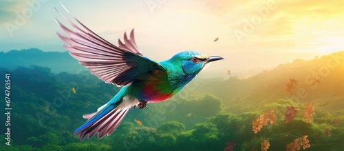 In the white winter background a beautiful bird with colorful feathers flew gracefully illuminating the green and blue landscape showcasing the enchanting nature of Thailand s tropical envi