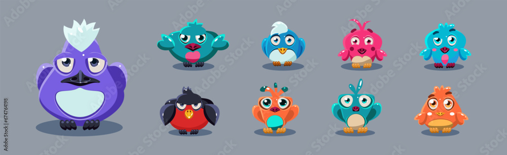 Fototapeta premium Funny Cartoon Birds Sitting Front View Vector Set