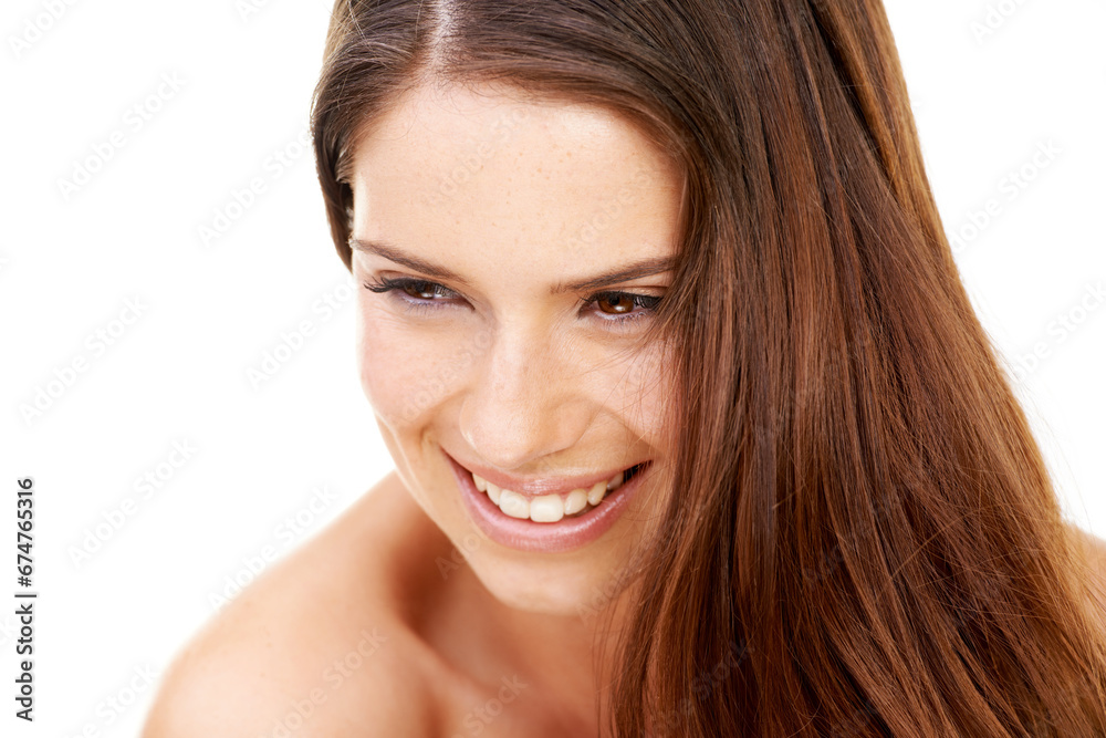 Fototapeta premium Woman, face or beauty with smile in studio for hair care, keratin treatment and healthy texture. Person, happy or skincare with confidence, facial glow or shine and cosmetic on white background