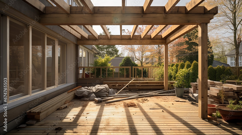 Modern Veranda House Extension in construction during the day without worker Modern Veranda House Extension in construction during the day without worker
