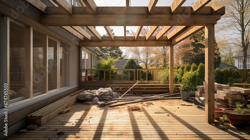 Modern Veranda House Extension in construction during the day without worker