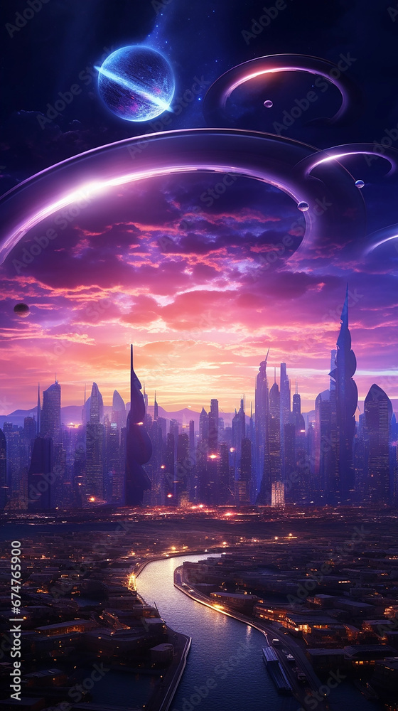  futuristic cityscape with flying cars at purple sunset in the background with stars