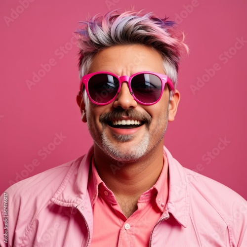 Extroverted and cheerful person on a flat one-color background, square image