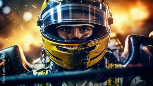 Racing driver with a damaged helmet photo