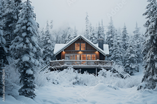 Front view of a snowy wooden house, cabin in the wood cover by snow at night dawn © 1by1step