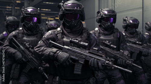 SWAT Company soldiers in formation, ready for battle. They are equipped with modern firearms and are in a ready position, giving the impression of an imminent threat, purple and black