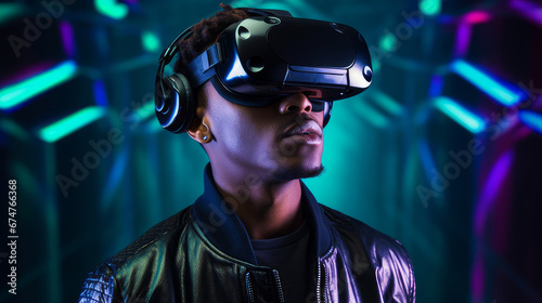 Portrait of a happy smiling enthusiastic african american black man guy person wearing a virtual reality headset.