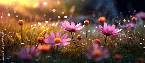 In the vibrant garden surrounded by lush green grass and colorful flowers the summer sun casts a warm glow on the earth illuminating the delicate pink petals of blooming plants and captivat