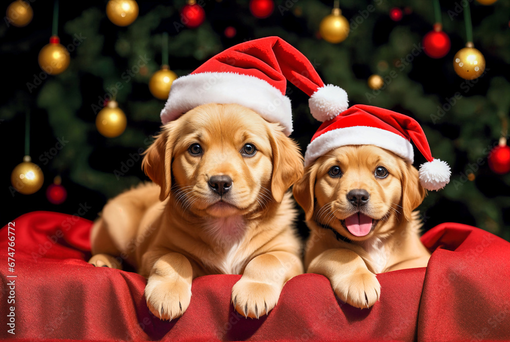 Golden retriever in a Santa Claus hat against the background of a New Year tree.New Year 2024.Creative designer art.