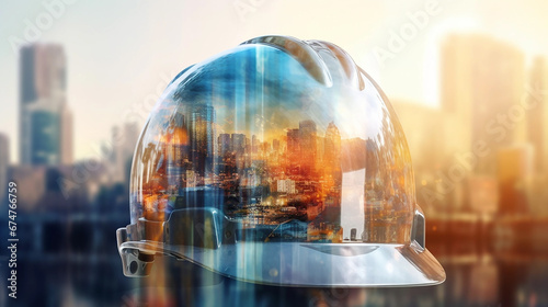 Double exposure image of engineer safety helmet with city or construction site background on his head. Modern abstract art design civil engineering concept photo