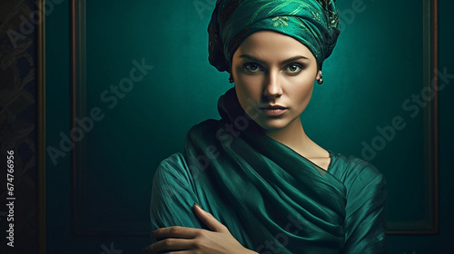 Genie a beautiful woman without bandana on the hair with folded arms looking determined against an emerald background against an emerald background