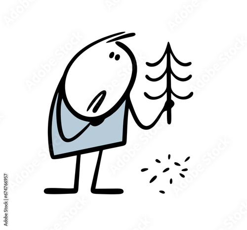 Sad stickman bought old Christmas tree. Vector illustration of needles falling on the floor. Winter holiday is ruined. Isolated character on white background.
