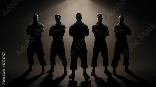5 shadows silhouettes of jiu jitsu fighters in black ready to fight arms crossed with plain background