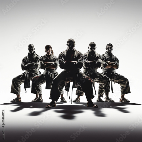 5 Jiu jitsu fighters shadows ready to fight with plain background photo